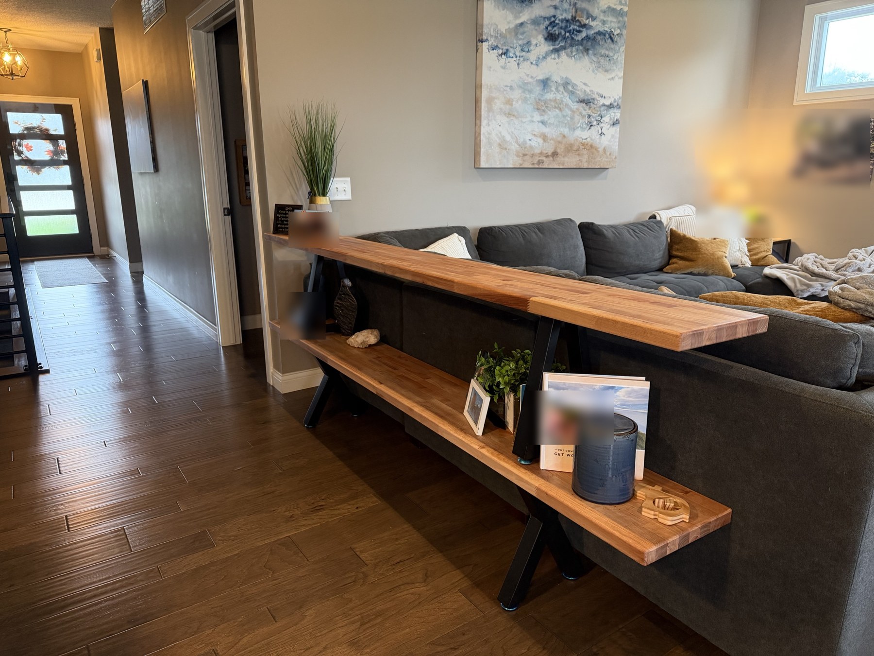Butcher-block sofa console table, angled view