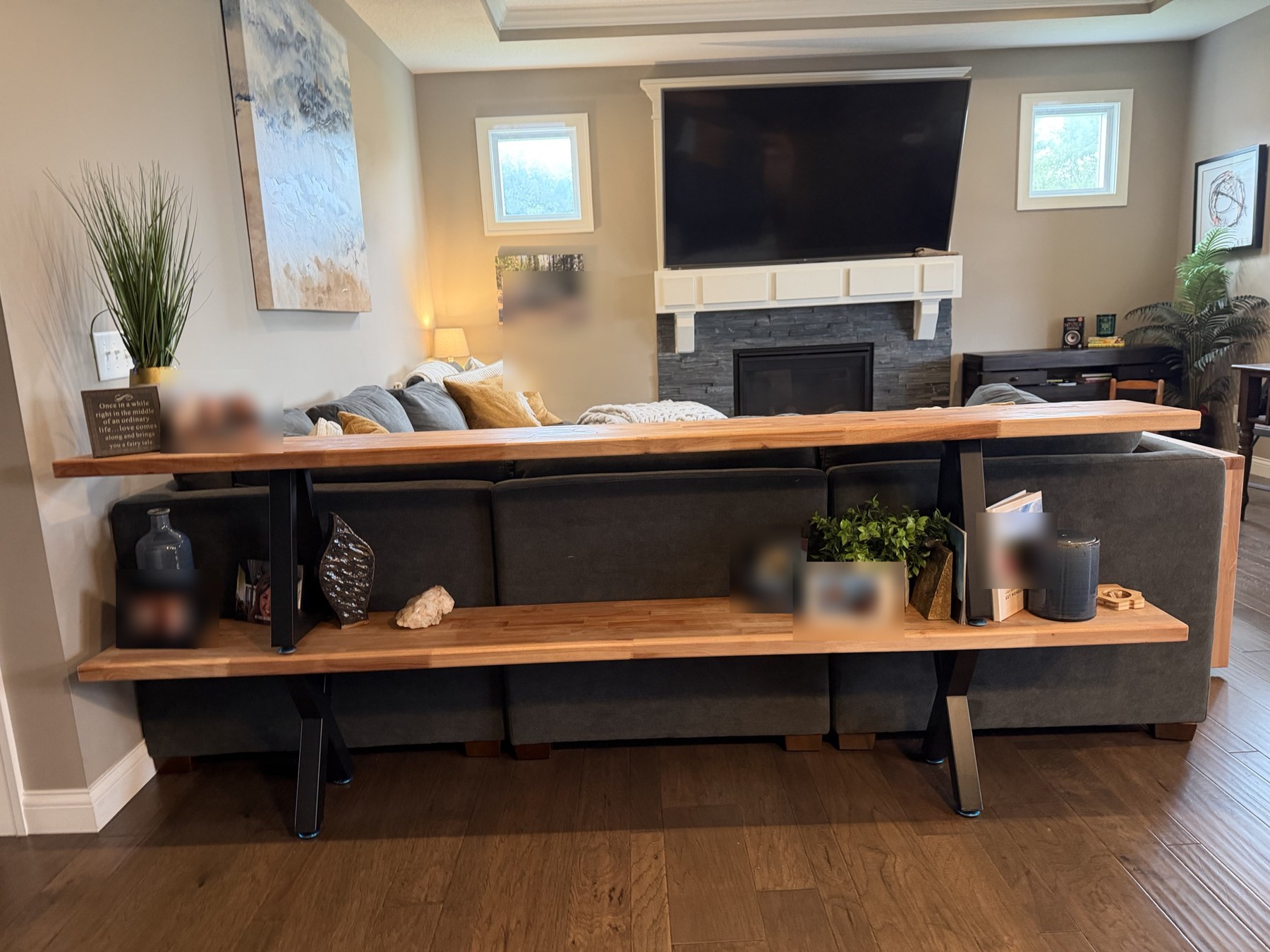 Butcher-block sofa console table, full length behind the sectional