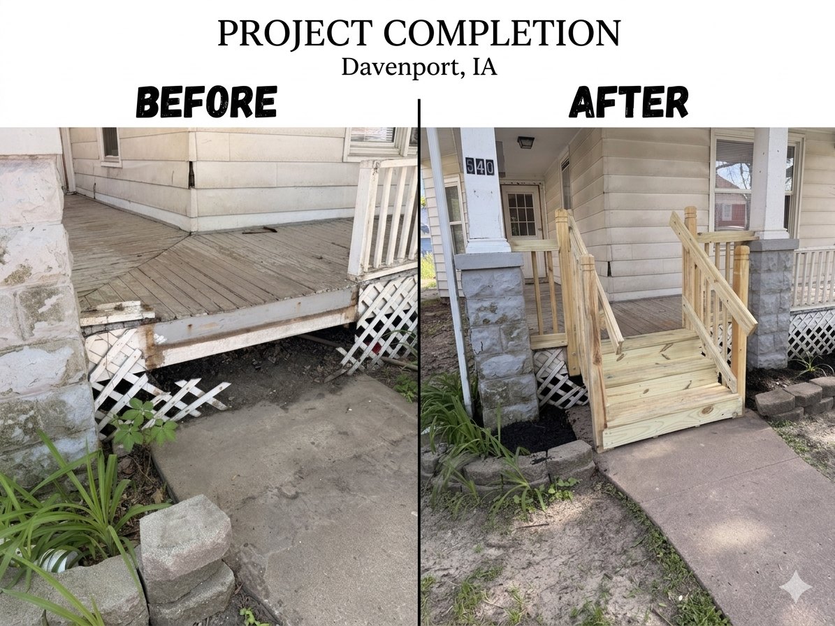 Porch and stair rebuild, before and after
